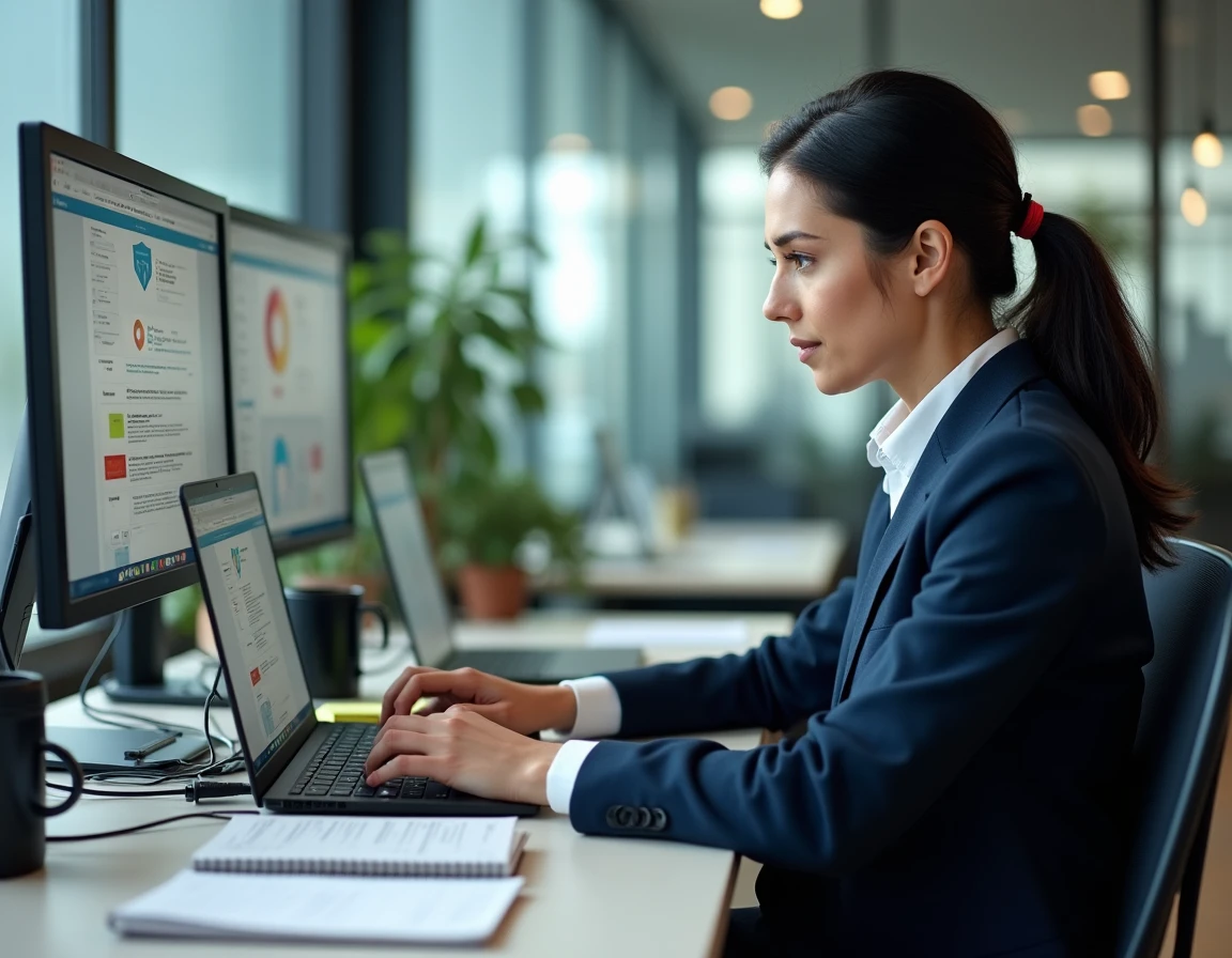 Femme intégrant un nouvel outil numérique à ses logiciels existants dans un bureau moderne en open space