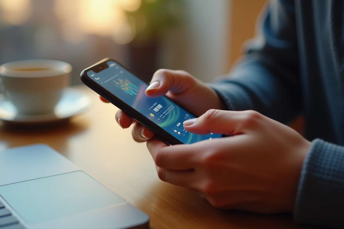 Gros plan sur une main utilisant un smartphone avec interface moderne