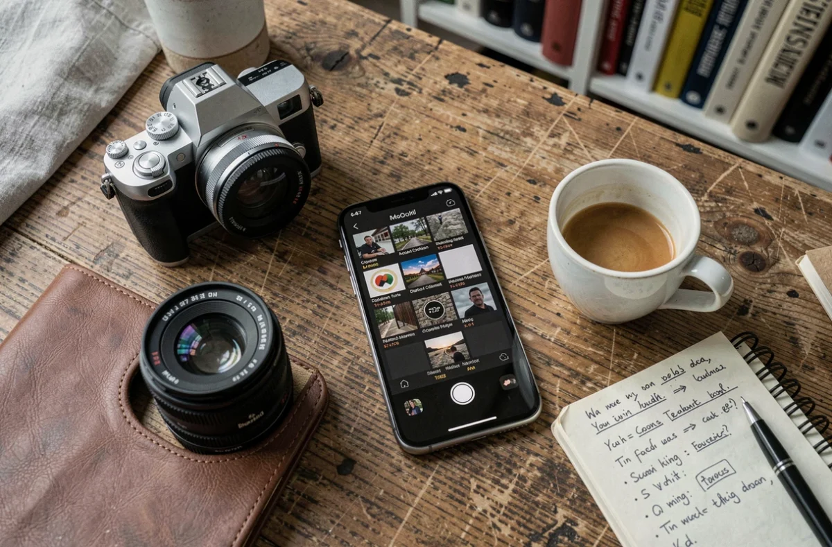 Comparaison entre l'iPhone 16 et un appareil photo professionnel posés sur un bureau de photographe avec accessoires