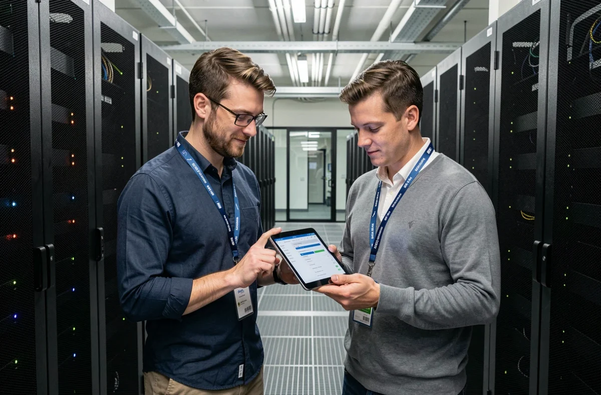 Deux ingénieurs ITAIA inspectant l'infrastructure d'un data center parisien avec une tablette