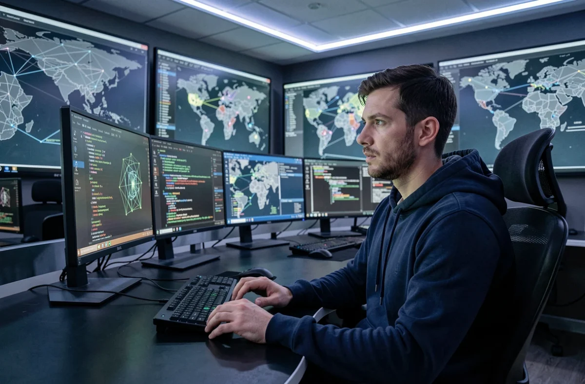 Analyste ITrust surveillant des menaces cybersécurité dans un centre opérationnel de sécurité