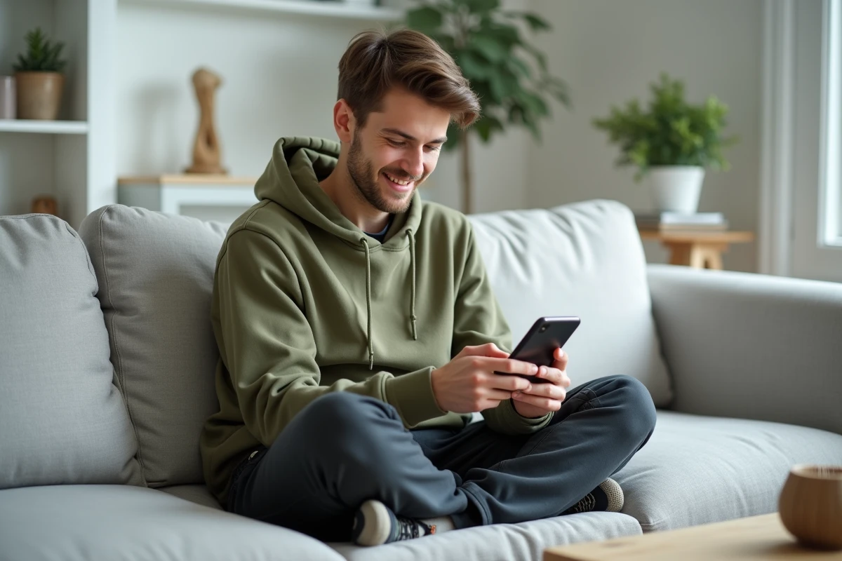 Jeune adulte utilisant un assistant IA conversationnel sur smartphone à la maison