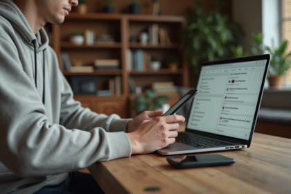 Jeune adulte utilisant smartphone et ordinateur à la maison