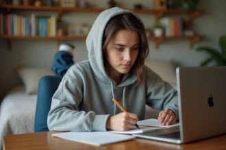 Jeune étudiante en étude dans sa chambre cosy