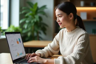 Jeune femme analysant ses statistiques Instagram au bureau