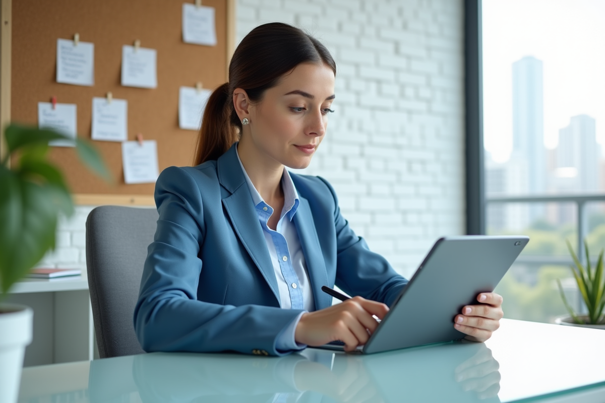 Jeune femme d affaires utilise une tablette dans un bureau moderne