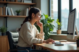 Jeune femme concentrée travaillant à son bureau à domicile