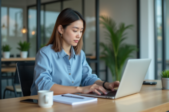 Jeune femme professionnelle travaillant sur un ordinateur dans un bureau moderne