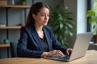 Jeune femme professionnelle au bureau avec ordinateur portable