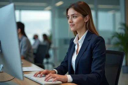Jeune femme en bureau utilisant un ordinateur pour changer la disposition clavier