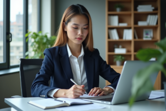 Femme professionnelle au bureau avec ordinateur et notes
