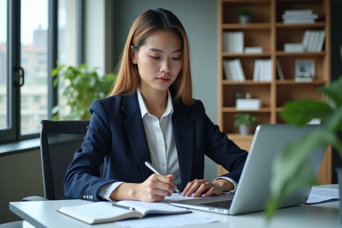 Femme professionnelle au bureau avec ordinateur et notes