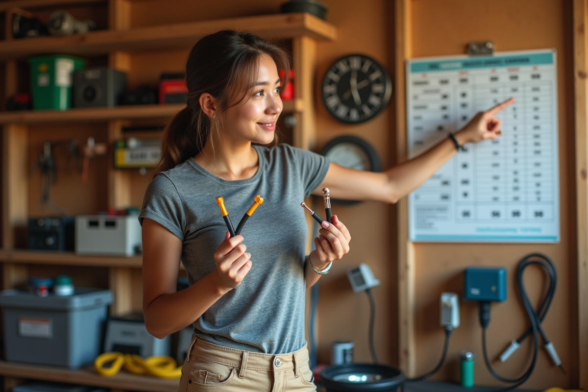 Jeune femme tenant des câbles électriques dans un atelier lumineux