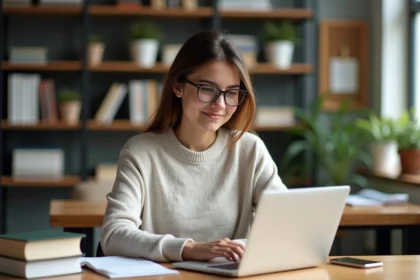 Jeune femme étudiant souriante dans un bureau universitaire