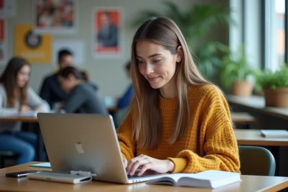 Jeune femme concentrée sur son ordinateur dans un lieu d'étude universitaire