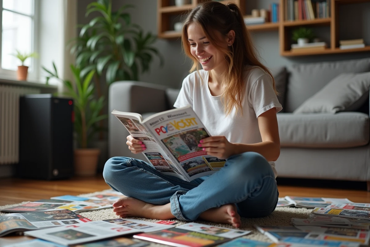 Jeune femme souriante lisant magazines informatiques colorés