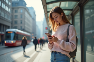 Jeune femme dans la ville vérifiant son smartphone