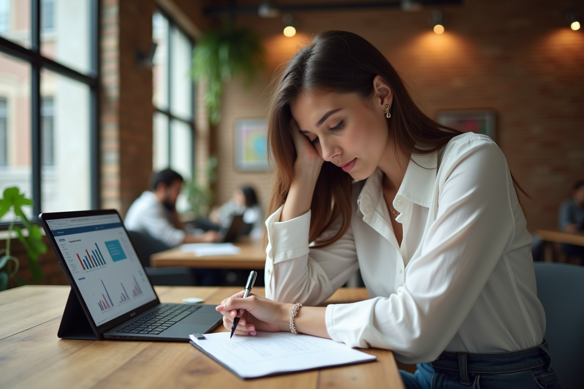Jeune femme entrepreneure planifiant des stratégies SEO au coworking
