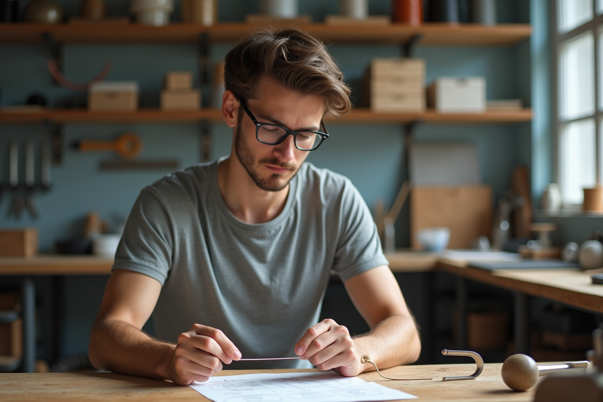 Jeune homme testant un elastique dans son atelier lumineux