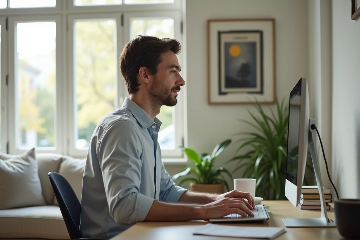 Jeune homme vérifiant ses emails dans un salon lumineux