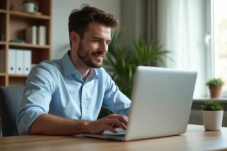 Jeune homme au bureau avec ordinateur et smartphone