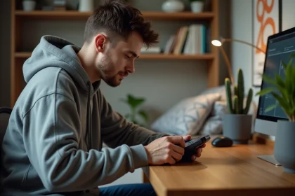 Jeune homme jouant à une console dans son bureau cosy