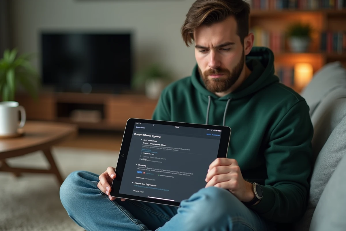 Jeune homme consultant les paramètres de localisation sur iPad dans un salon, face à une erreur de configuration Apple