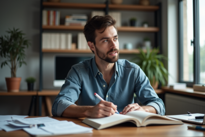 Jeune homme étudiant avec livres sur logiciel et programmation