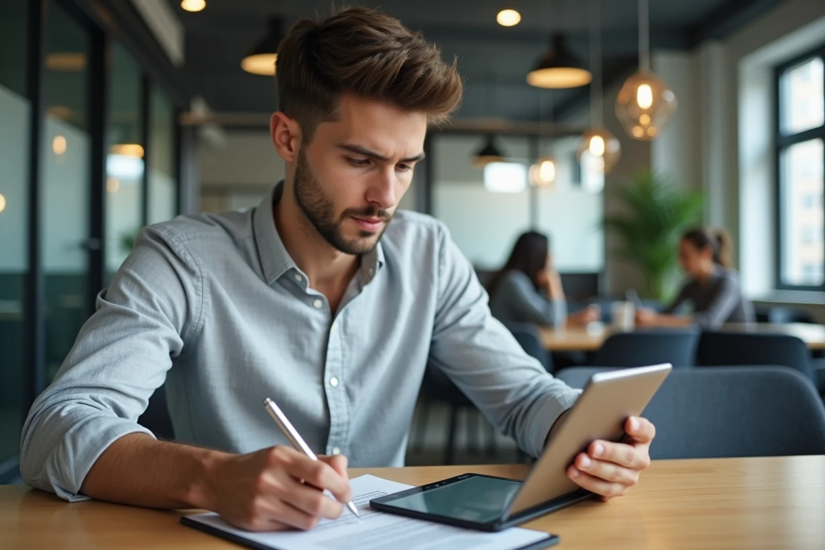 Jeune homme signant un document sur une tablette en coworking