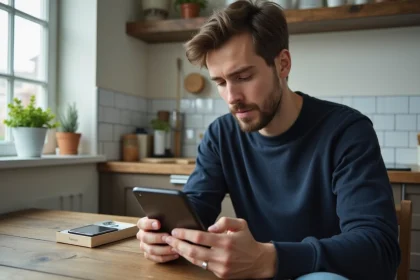 Jeune homme regardant un smartphone dans une cuisine chaleureuse