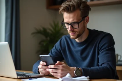 Jeune homme regardant son smartphone avec code de verification