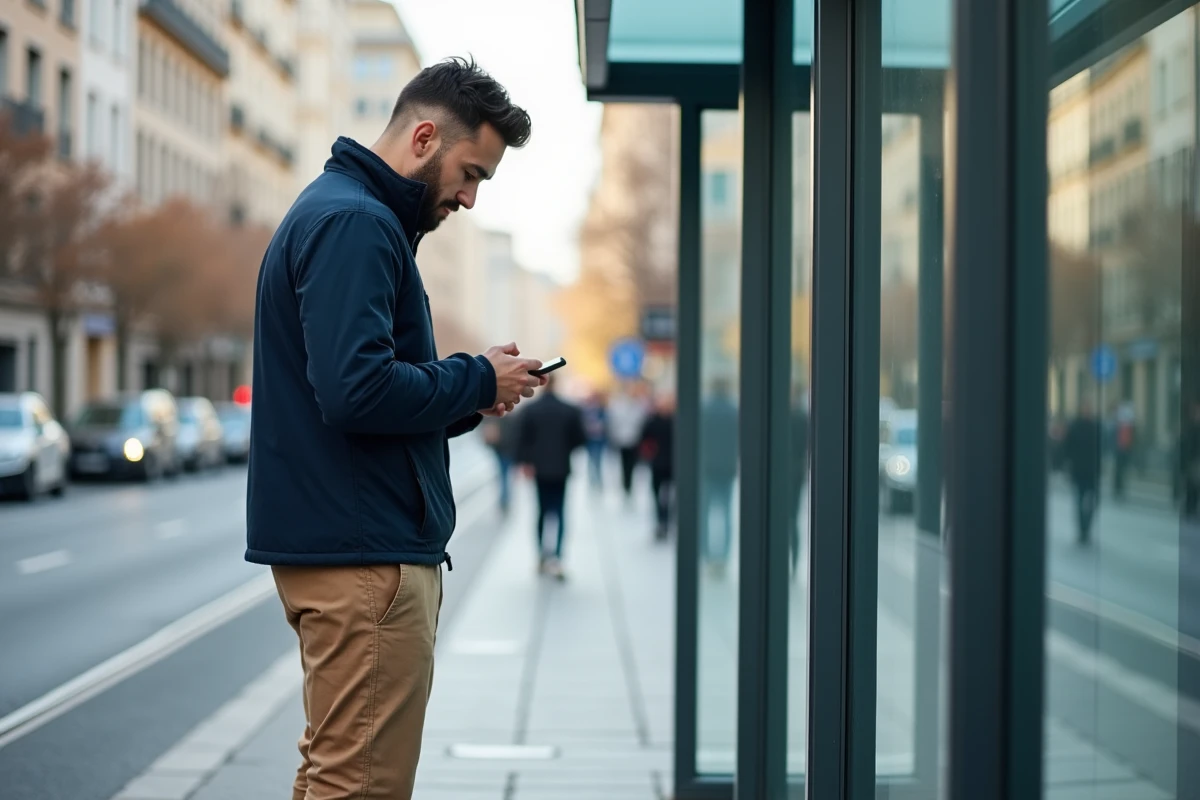 Jeune homme vérifiant son téléphone à un arrêt de tram urbain