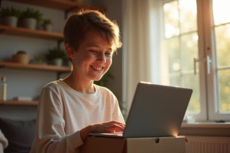 Jeune personne souriante deballant un nouveau laptop à la maison