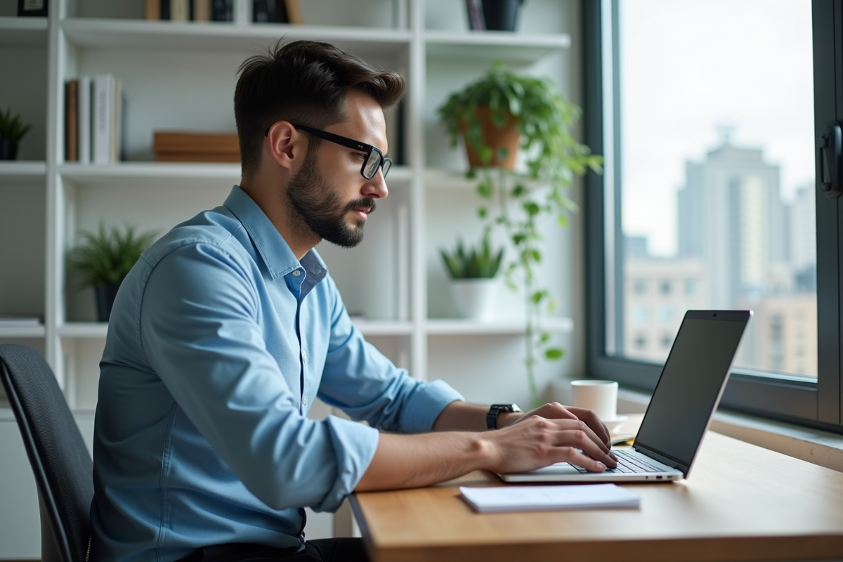 Jeune homme professionnel analysant un ordinateur dans un bureau moderne