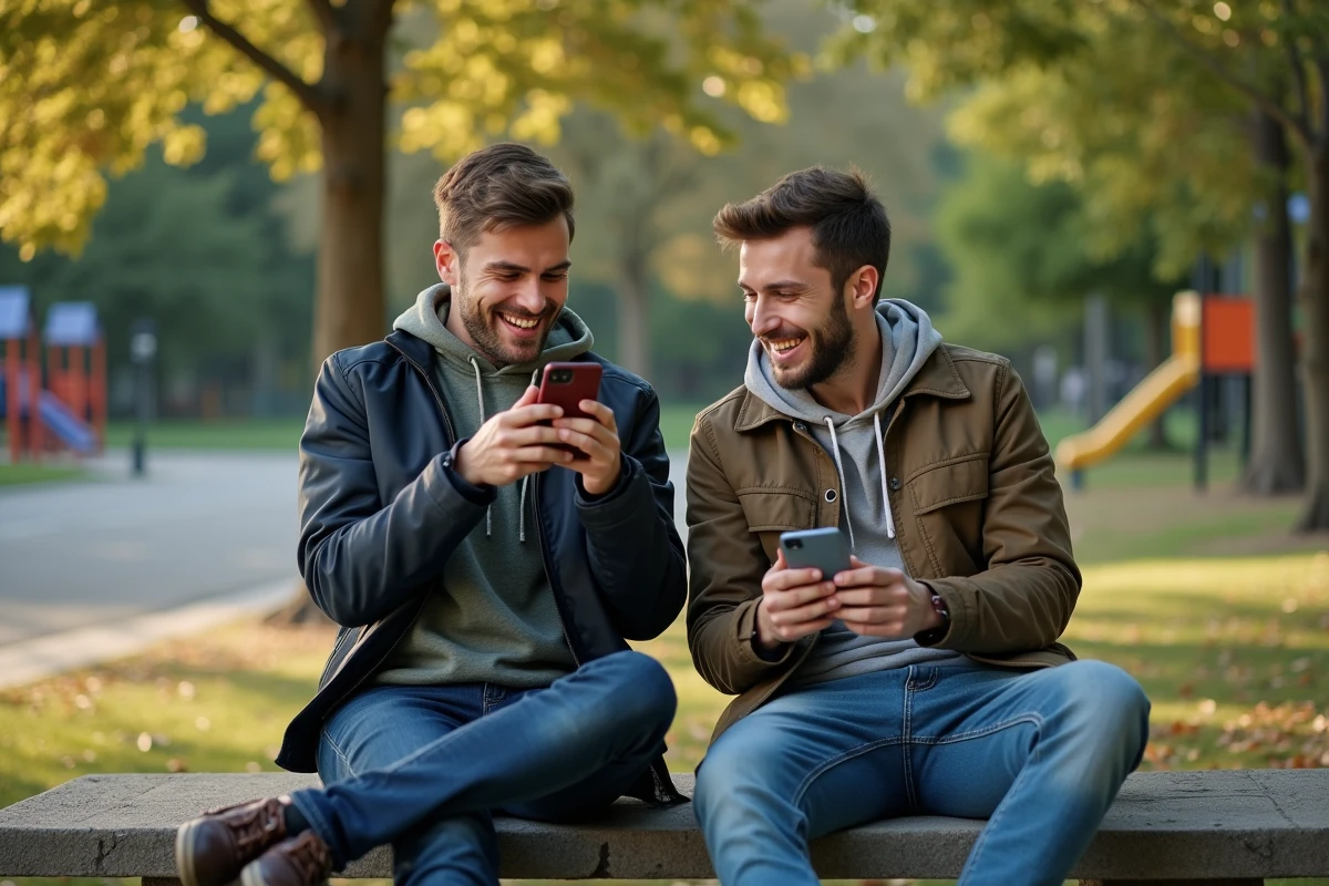 Deux jeunes hommes discutant sur un banc dans un parc urbain