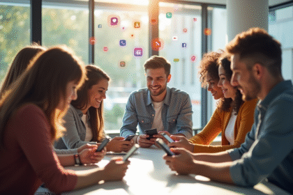 Groupe de jeunes adultes avec smartphones et icônes sociales