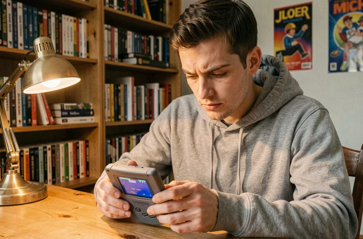 Jeune homme jouant à une ROM Pokémon sur Game Boy Advance dans une chambre rétro gaming