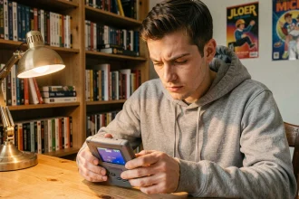 Jeune homme jouant à une ROM Pokémon sur Game Boy Advance dans une chambre rétro gaming