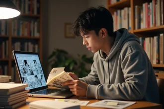 Jeune homme lisant un manga scanné sur un bureau encombré avec un ordinateur portable affichant des pages de scantrad