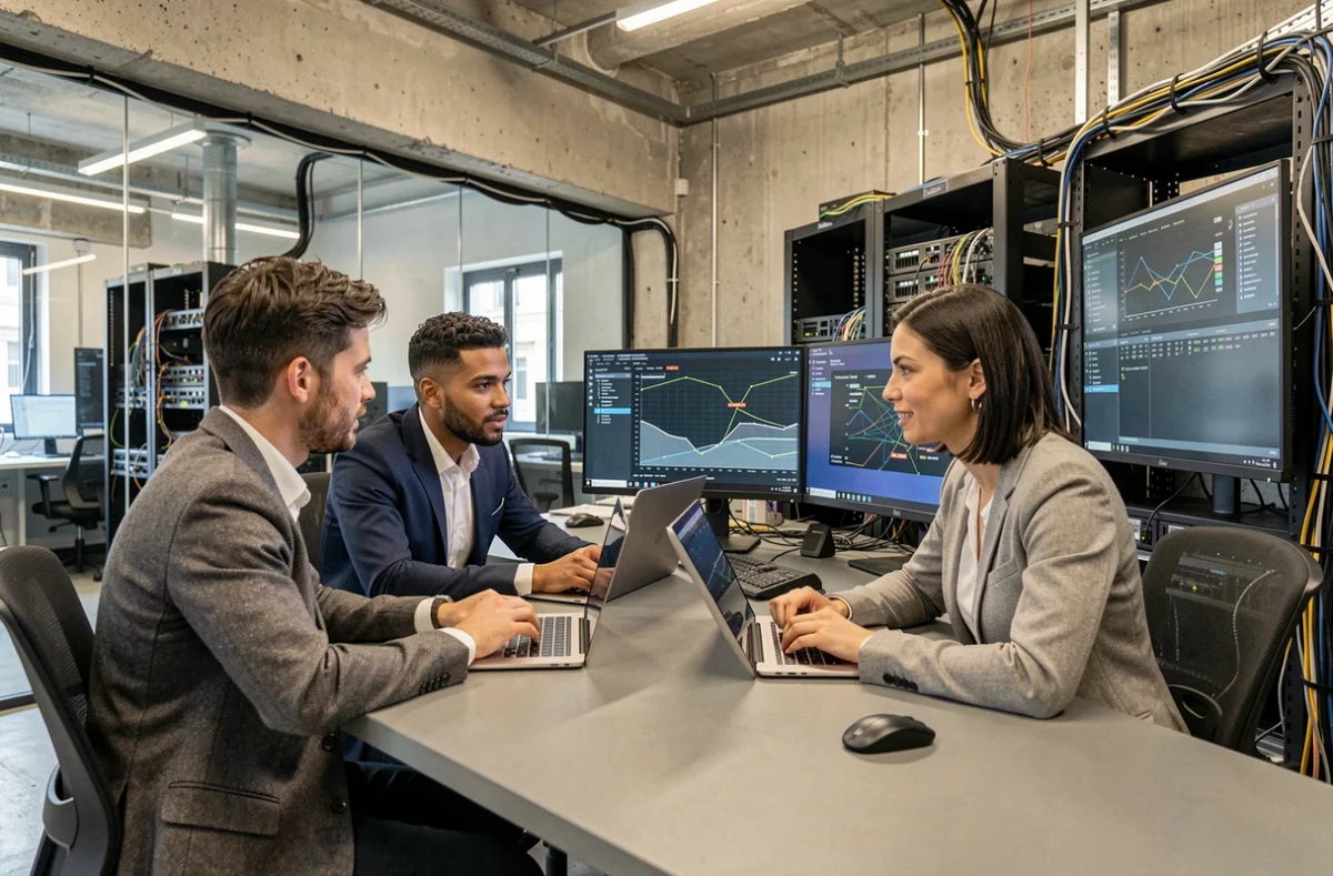 Équipe informatique parisienne travaillant sur des serveurs et des ordinateurs dans un bureau moderne