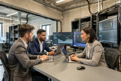 Équipe informatique parisienne travaillant sur des serveurs et des ordinateurs dans un bureau moderne