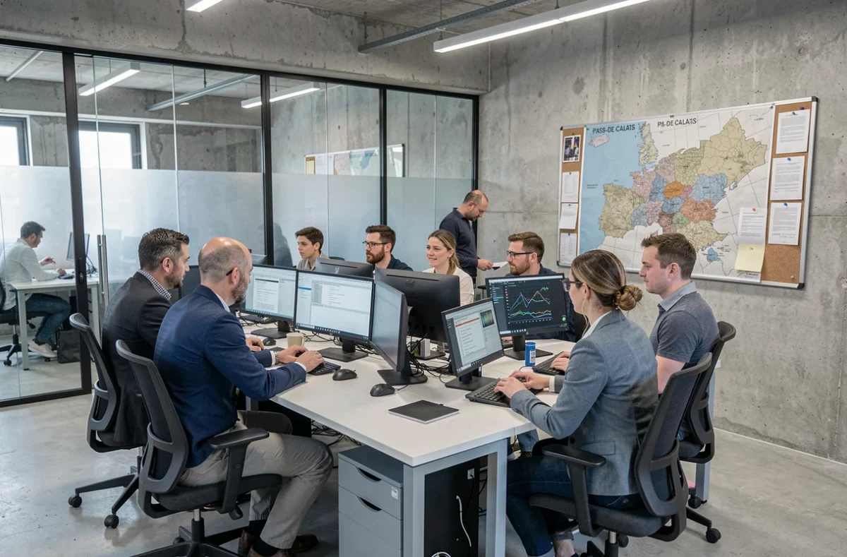 Équipe de professionnels informatiques dans un bureau moderne du Pas-de-Calais, illustrant le thème des meilleurs prestataires IT de la région