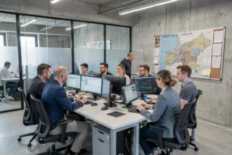 Équipe de professionnels informatiques dans un bureau moderne du Pas-de-Calais, illustrant le thème des meilleurs prestataires IT de la région