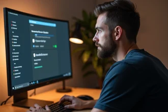 Technicien informatique vérifiant une mise à jour de drivers sur un ordinateur de bureau dans un bureau moderne
