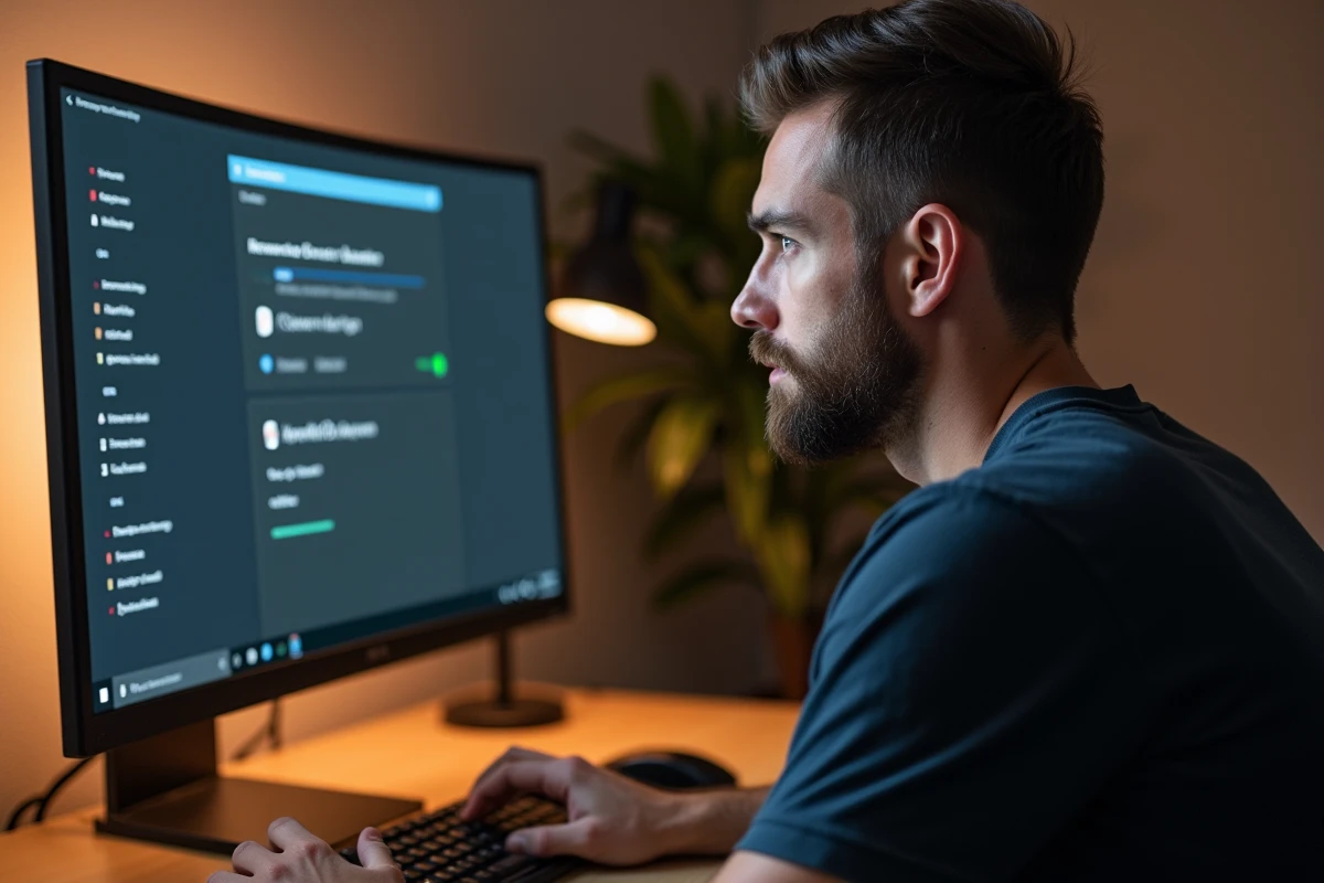 Technicien informatique vérifiant une mise à jour de drivers sur un ordinateur de bureau dans un bureau moderne