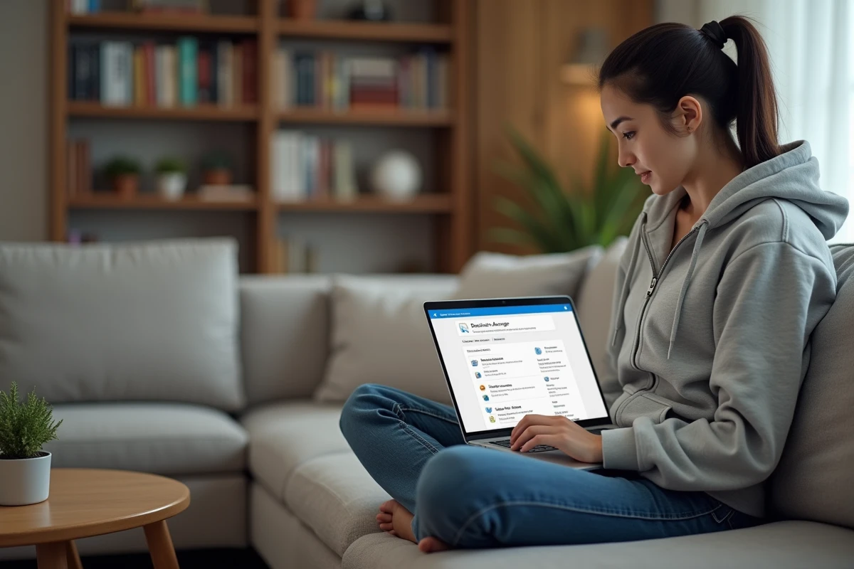 Femme mettant à jour les pilotes matériels sur un ordinateur portable dans un salon cosy