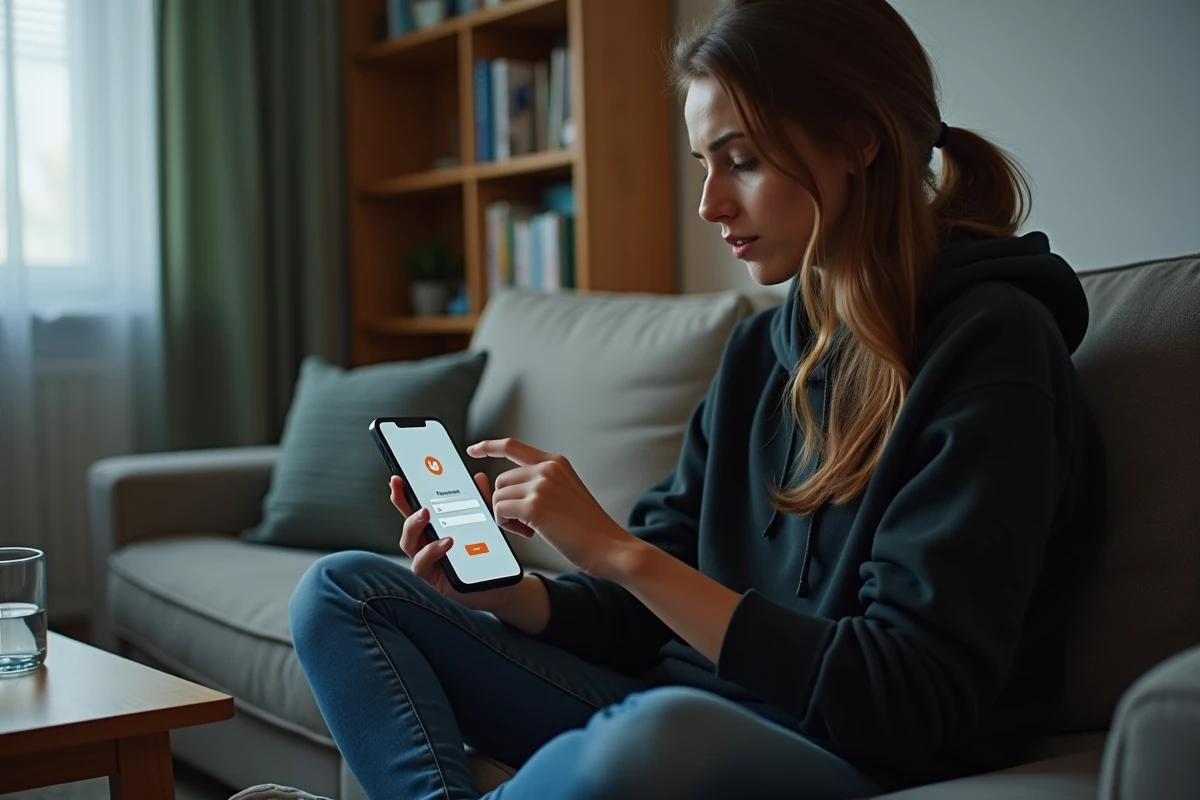 Jeune femme sur un canapé consultant les instructions de récupération de mot de passe webmail sur son smartphone