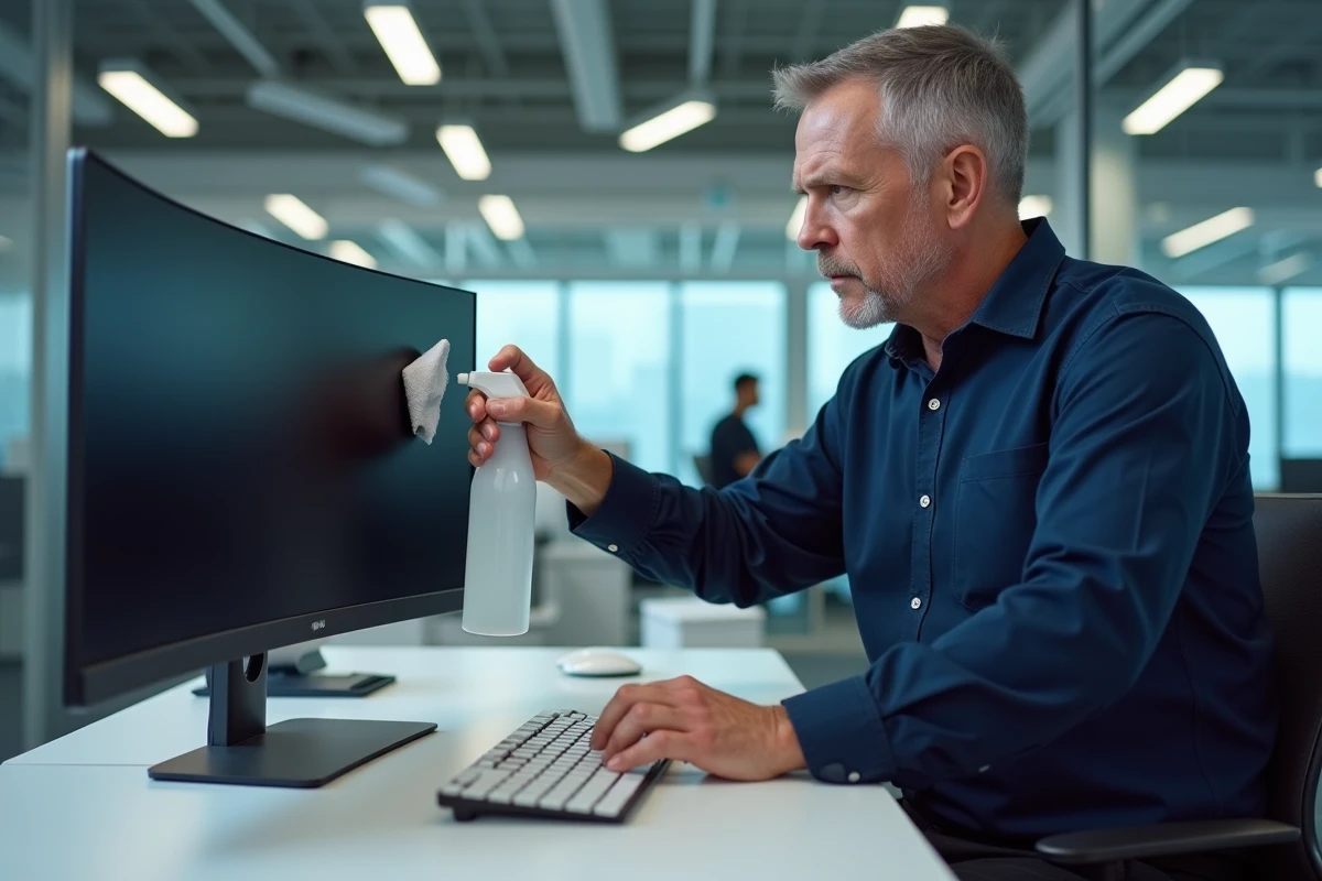 Homme nettoyant un grand écran ultrawide avec une solution nettoyante dans un bureau professionnel moderne