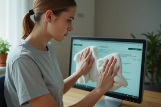 Femme nettoyant l'écran de son ordinateur de bureau avec un chiffon microfibre blanc dans un bureau à domicile rangé