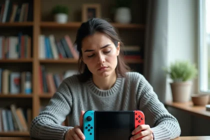 Femme tenant une Nintendo Switch éteinte et appuyant sur le bouton power sans résultat, console posée sur un bureau en bois à la maison